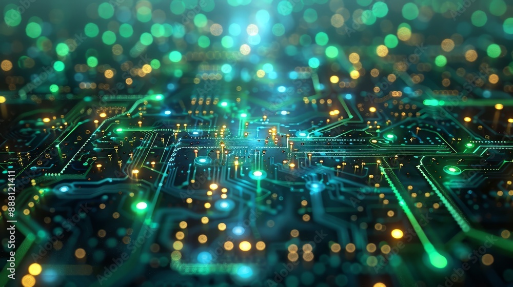 Poster abstract close-up of a futuristic circuit board with glowing lights representing advanced technology