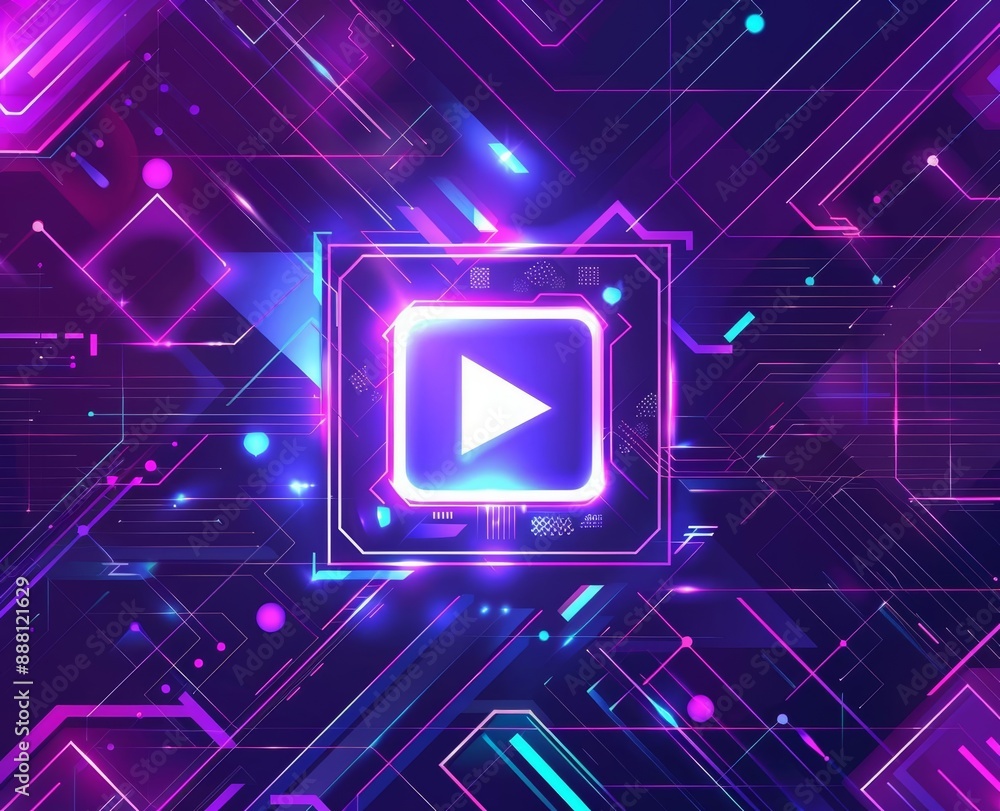 Poster futuristic neon play button with geometric abstract design