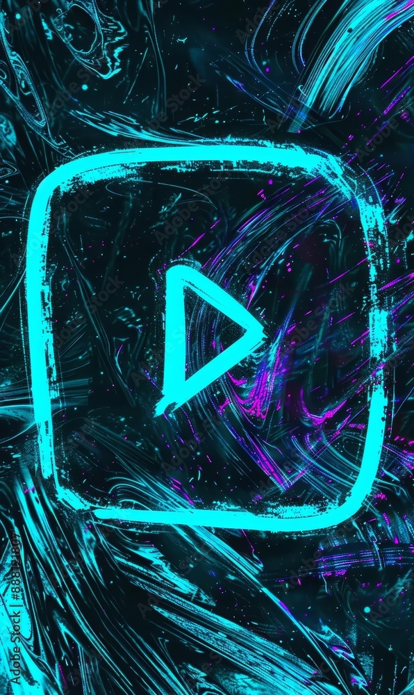 Poster abstract neon play button with dark textured background