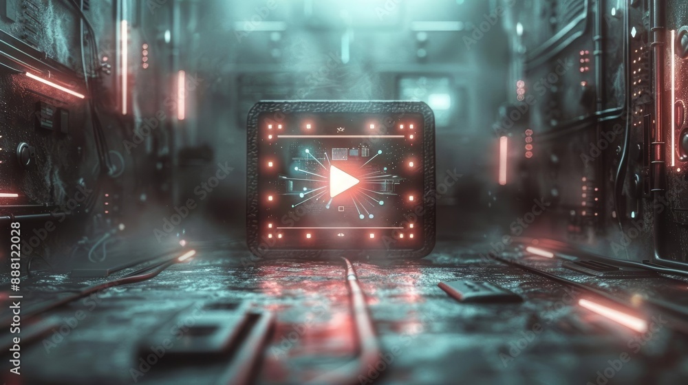 Aufkleber futuristic server room with glowing network node and play symbol