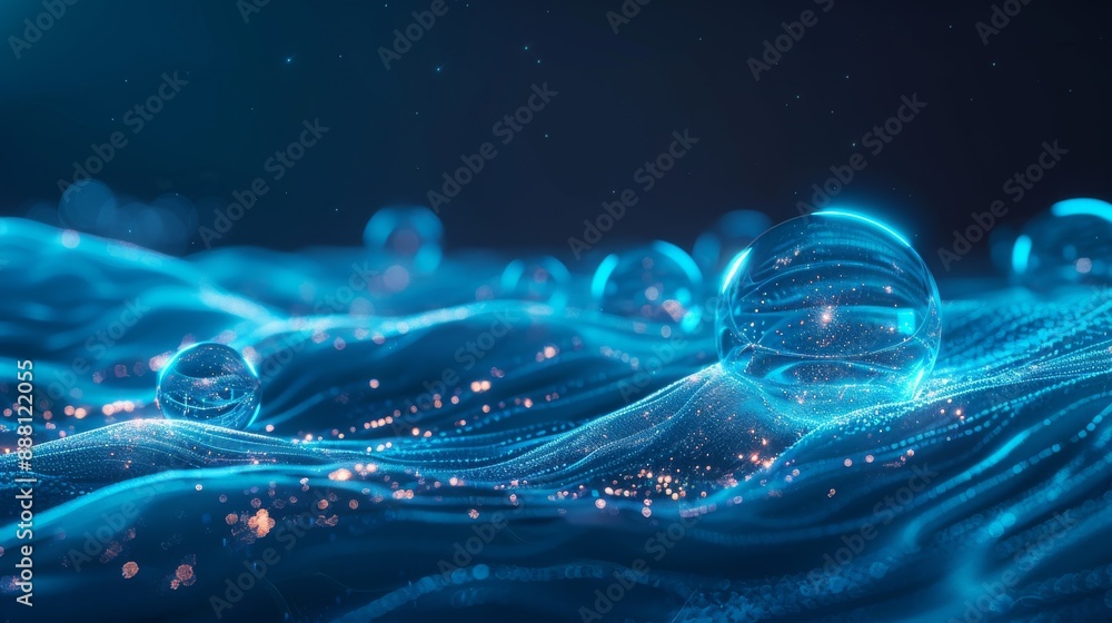 Poster with undulating blue waves, futuristic circuits, and neon-lit orbs, this vibrant digital abstract ba