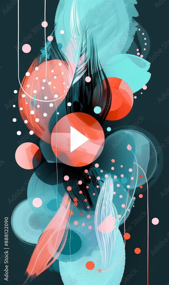 Poster abstract composition with play button in blue and red hues