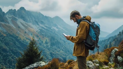 Naklejka premium A lone hiker captures the mountain scenery with a mobile phone.