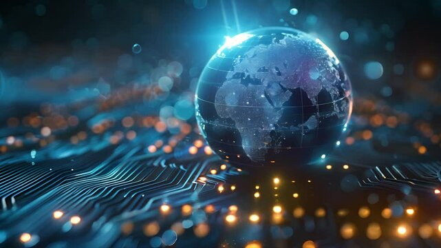 Futuristic blue planet earth on computer mainboard digital technology, Future digital world social network internet communication concept. Virtual reality metaverse AI security automation.