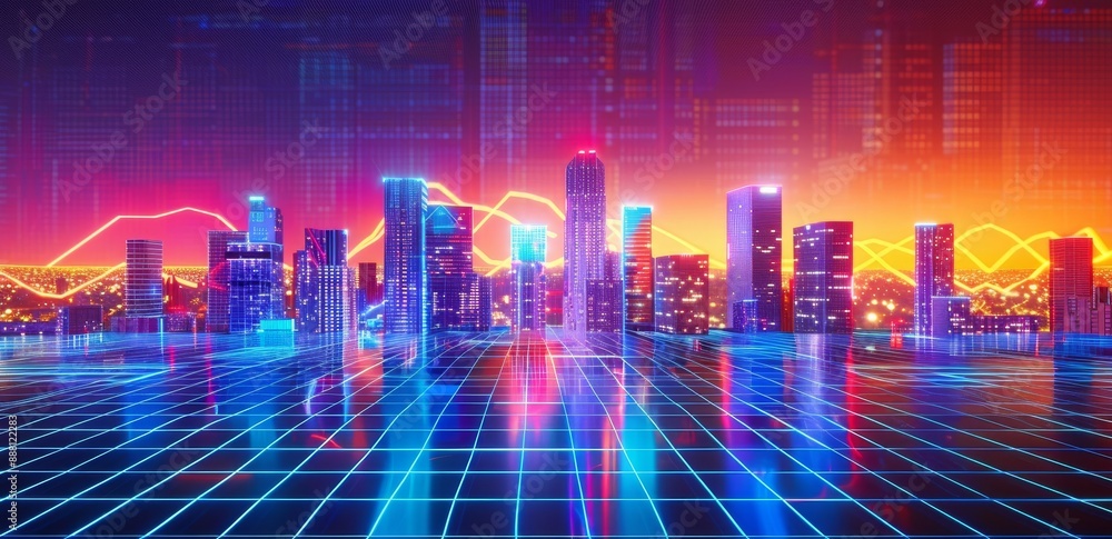 Poster this 3d illustration represents an urban metaverse with grid patterns in a cyberpunk metropolis illu