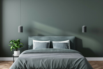 scandinavian bdaroom with bed in mose color 