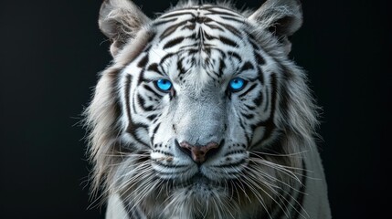 Obraz premium Majestic White Tiger with Striking Blue Eyes Captured in a Stunning Black Background Wildlife Portrait Artistic Beauty Power and Grace