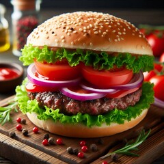 Triple Layered Cheeseburger Feast: A Hearty Meal with Fries, Pickles, and Fresh Orange Juice