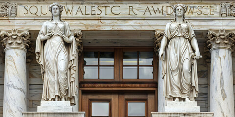 Obraz premium The Unwavering Pillars of Justice: Two marble statues of lady justice stand tall, flanking a set of courtroom doors, symbolizing the enduring strength of the American judicial system.