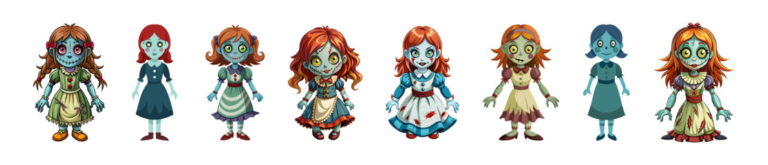 Set of Cartoon scary haunted dolls with big eyes in dresses isolated on white background. Concept of spooky character, Halloween decoration, creepy toy, horror design. Print, design element. Clip art