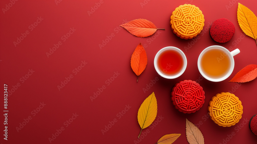Aufkleber vibrant mooncake adorned with delicate patterns surrounded by autumn leaves and tea representing chi