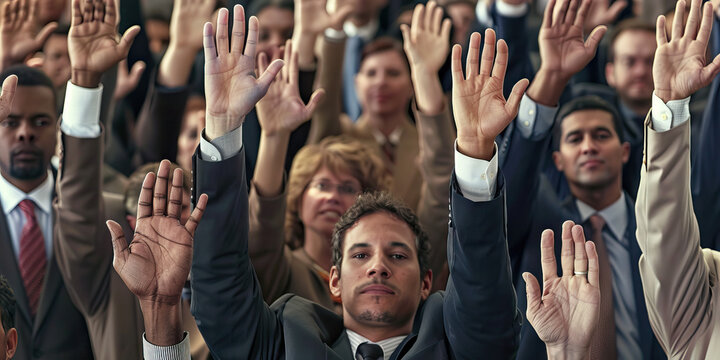 The American Democracy: A row of distinguished politicians, each with their hands raised in a symbolic gesture of unity and progress.
