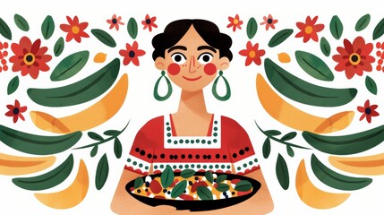 Watercolor of A woman in traditional Mexican attire holds a vibrant plate of enchiladas her face beaming against a background decorated with Mexicos tricolor flag 