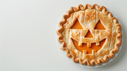 Wide angle of a pie with crust shaped into a Halloween pumpkin face, isolated on a white background 