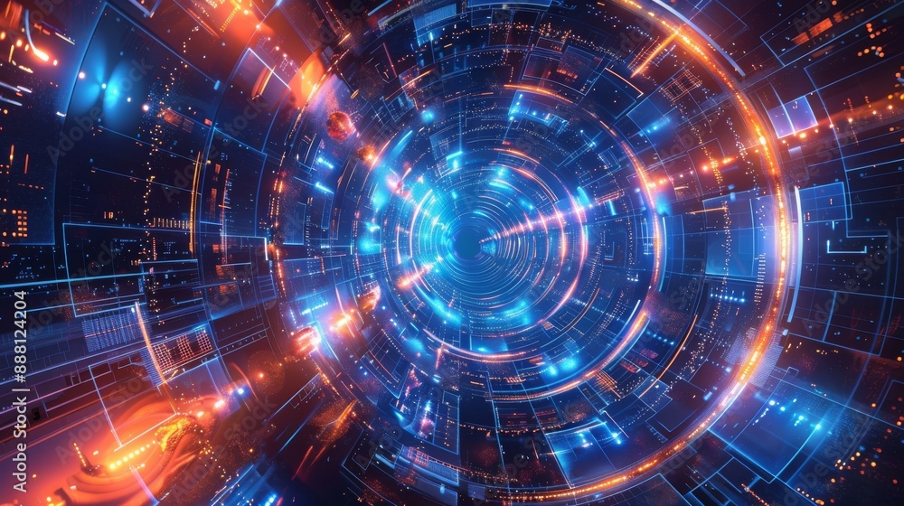 Poster creating a sci-fi atmosphere in a dark, metallic environment with neon-lit tunnels and modern design