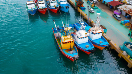 Obraz premium Wide shot of a bustling dock with tuna fishing boats unloading their catch, showcasing the industry's scale 