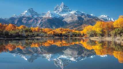 Naklejka premium A serene mountain lake with crystal clear water and a reflection of the peaks ,The images are of high quality and clarity