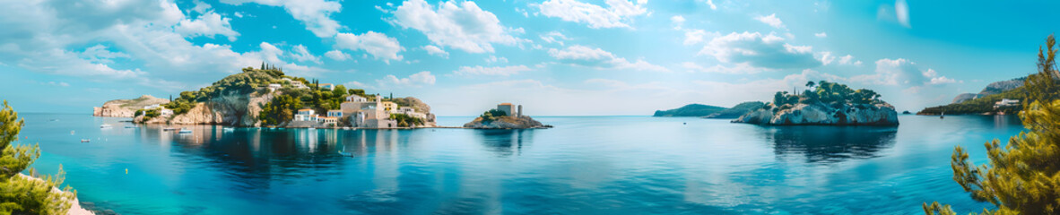 Fototapeta premium The idyllic islands Greece, with their crystal-clear waters, whitewashed buildings,and stunning landscapes, are paradise for travelers.Islands like Santorini,Mykonos,and Crete offer breathtaking views