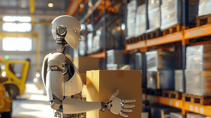 Strong humanoid diligently working in warehouse carefully lifting boxes dexterity and precision. Concepts robot's ability to perform physically demanding tasks in potentially hazardous environments