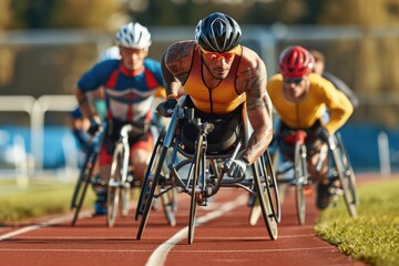 A man in a yellow and black outfit races on a track with other cyclists