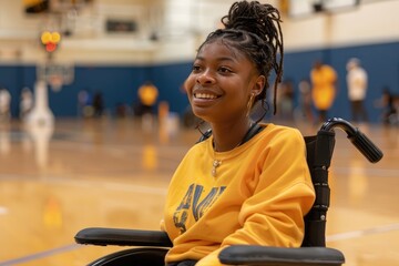 A woman in a wheelchair is smiling