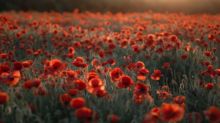Wide shot of a field of poppies. 