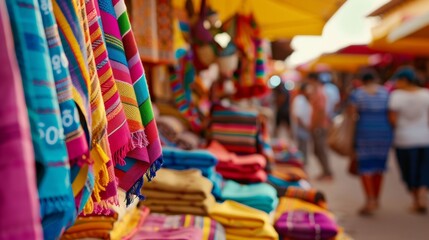 Wide shot of an outdoor market with colorful -50% banners, people eagerly browsing for bargains 