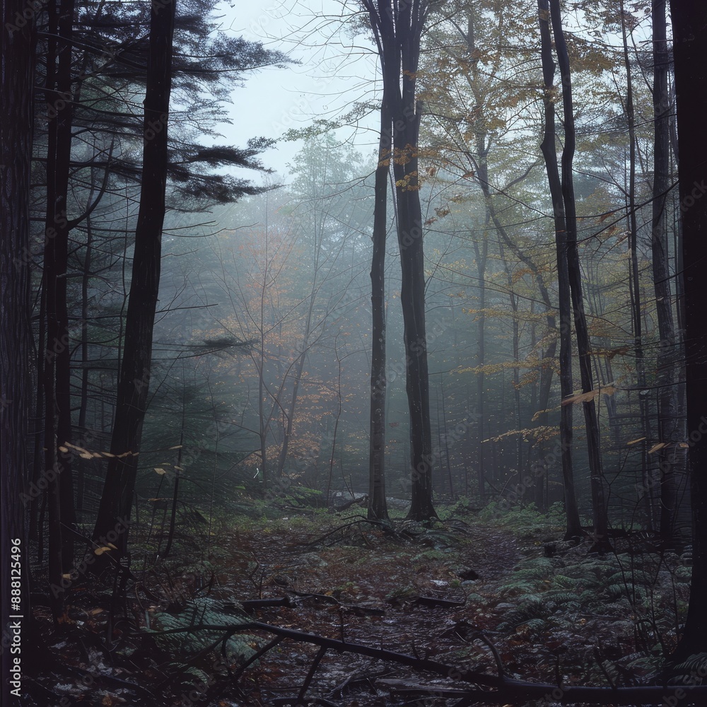 Poster misty forest path in autumn with tall trees and soft light filtering through the foliage