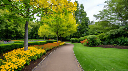 Obraz premium Wide-angle shot of a botanical garden with a section dedicated to Ginkgo biloba trees, showcasing their lush foliage 