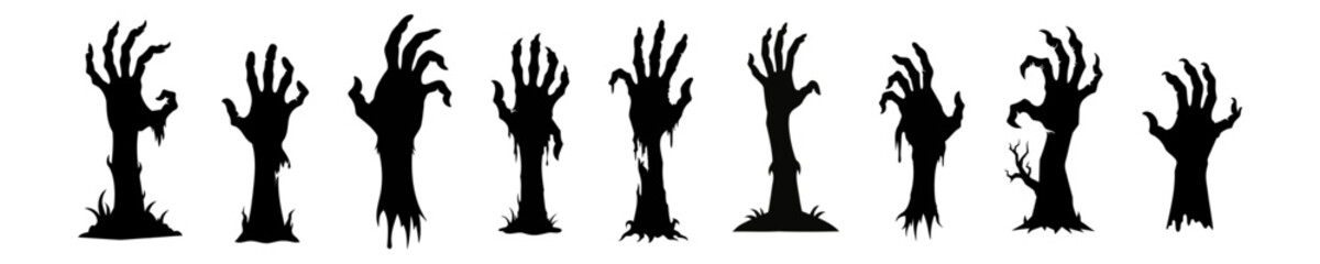 Obraz premium Row of black silhouettes of creepy zombie hands rising from the ground isolated on a white background. Eerie monster hands set. Concept of horror, Halloween. Print, icon, design elements