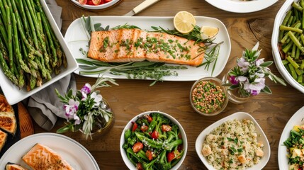 Wide-angle shot of a gluten-free dinner party with elegantly plated dishes including grilled salmon, roasted asparagus, and quinoa 