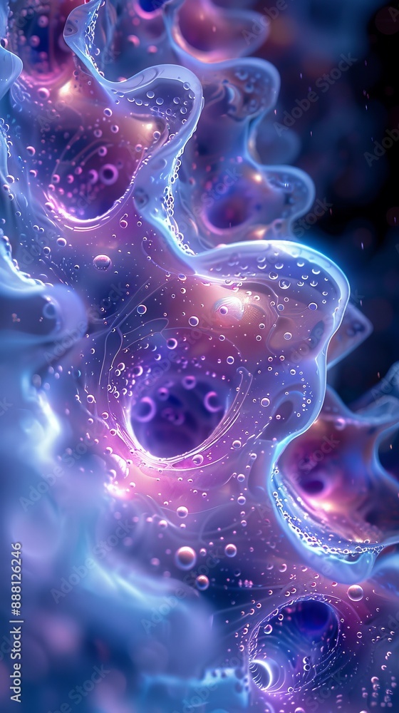 Poster abstract close-up of iridescent bubbles and wavy textures in vibrant blue and purple tones, creating