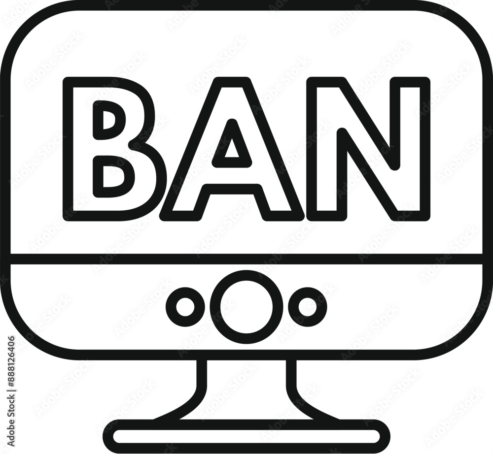 Poster simple, clear icon of a computer screen displaying the word ban, representing online censorship and 