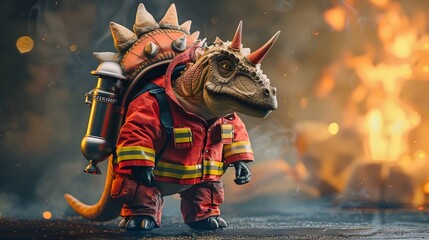 A Surreal of a Stegosaurus Firefighter in a Plain Colored Studio Setting