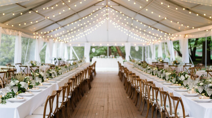 Wide-angle shot of a wedding reception tent with beautifully decorated tables, a dance floor, and a catered buffet area under twinkling lights 