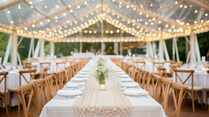 Wide-angle shot of a wedding reception tent with beautifully decorated tables, a dance floor, and a catered buffet area under twinkling lights 