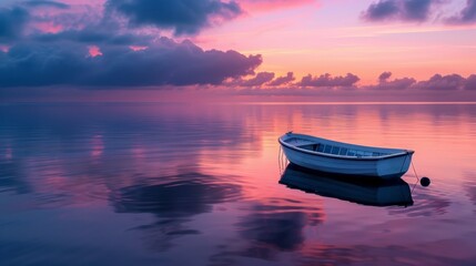 Naklejka premium Serene Sunset with a Boat at Sea