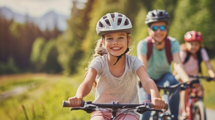 Naklejka premium Happy Family Cycling Together on a Sunny Day. Generative ai