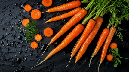 Fresh Organic Carrots with Greens on Black Slate Background