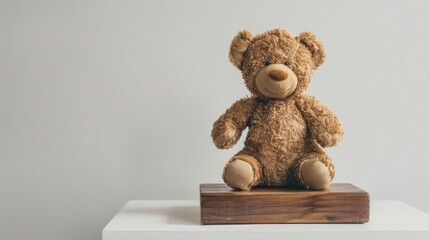 Teddy bear on wooden base against white backdrop