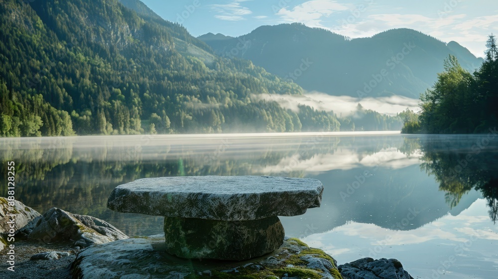 Poster a stone pedestal display sits on the still surface of a lake in the morning light, with a picturesqu