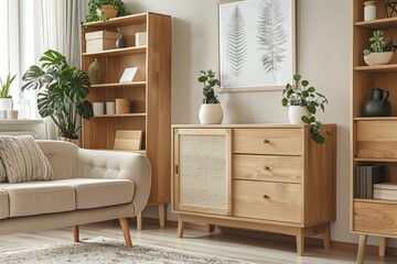 Sharp focus captures the details of a modern living room featuring a wooden chest of drawers, shelving unit, and a comfortable sofa.