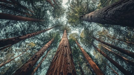 Wide shot of an old-growth forest with towering trees.