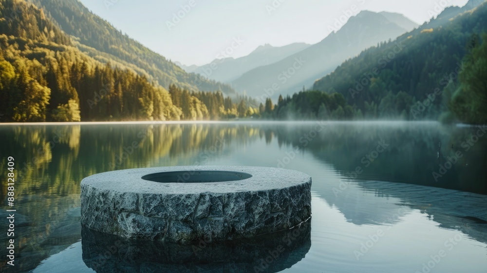 Poster a stone pedestal display sits on the still surface of a lake in the morning light, with a picturesqu