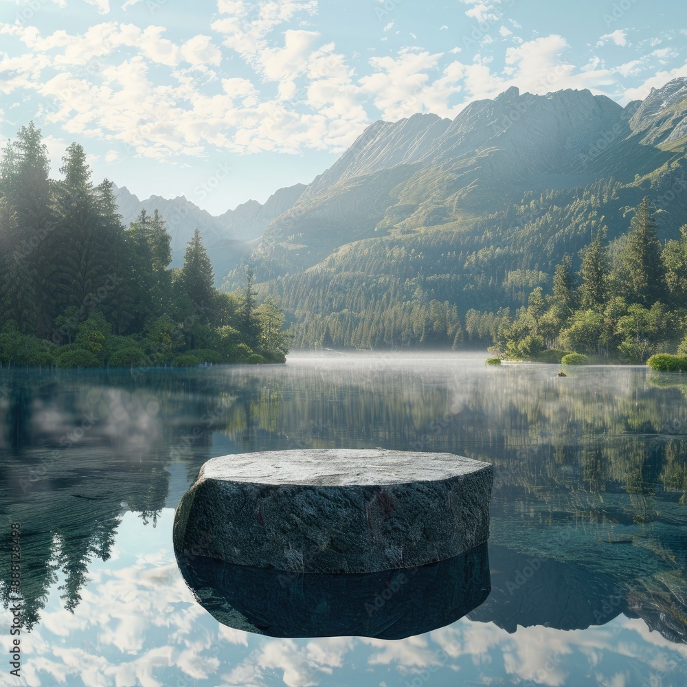 Poster a stone pedestal display sits on the still surface of a lake in the morning light, with a picturesqu