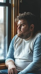 Obraz premium The window reflects his journey: A young man wrestles with a decision to prioritize health, his struggle mirrored in his reflection.