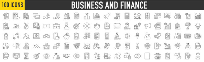 100 Business and finance icon set. Accounting, Credit Card, Monthly Reporting, Bill, Mobile Payment, Work Experience, Finance, Communications, Wallet and Development collection.