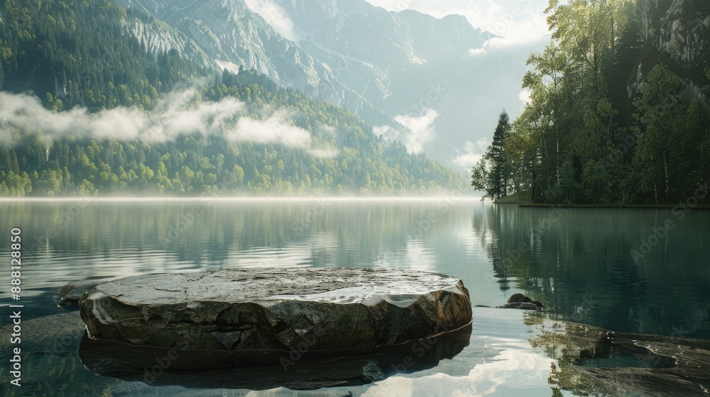 Poster a stone pedestal display on a tranquil lake with a forested backdrop and misty mountains in the morn
