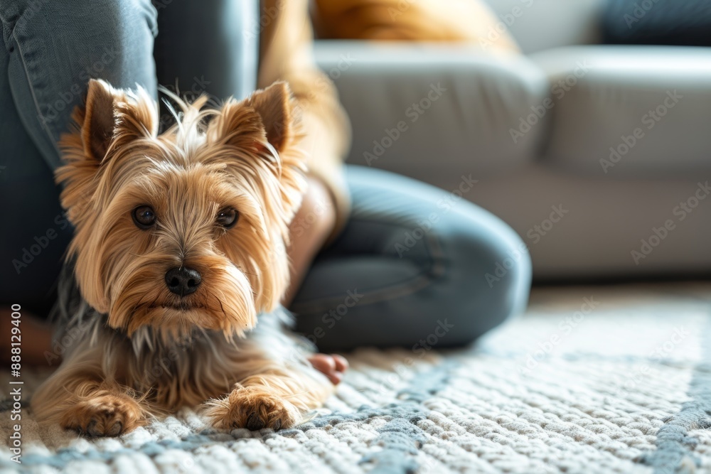 Wall mural Yorkshire Terrier lying on the floor next to owner.