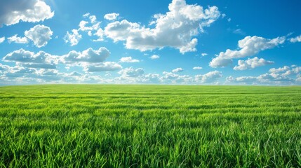 Fototapeta premium Green Field Under a Blue Sky with White Clouds